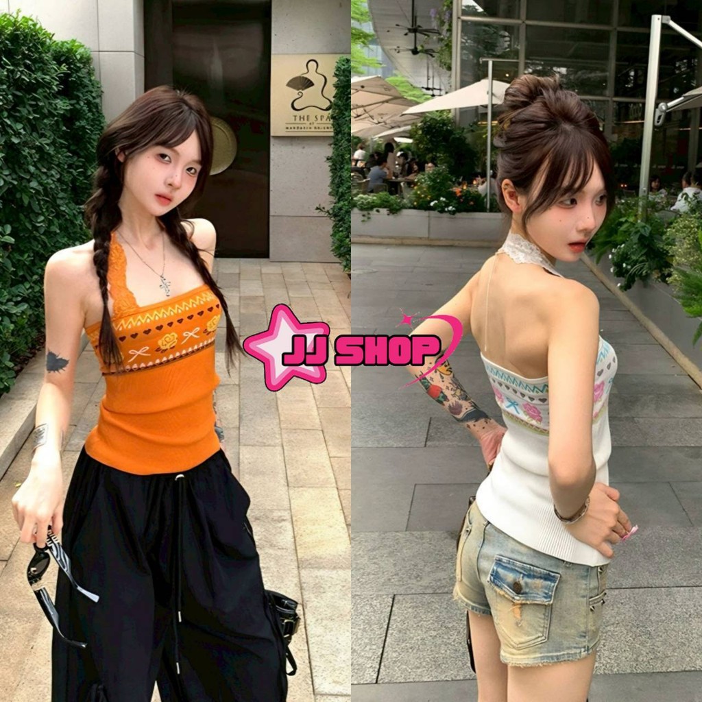 JJ Shop​💜พร้อมส่ง เสื้อคล้องคอ ผ้าไหมพรมสีสดใส สไตล์เกาหลี ลายโบฮีเมี้ยน "Y9353"