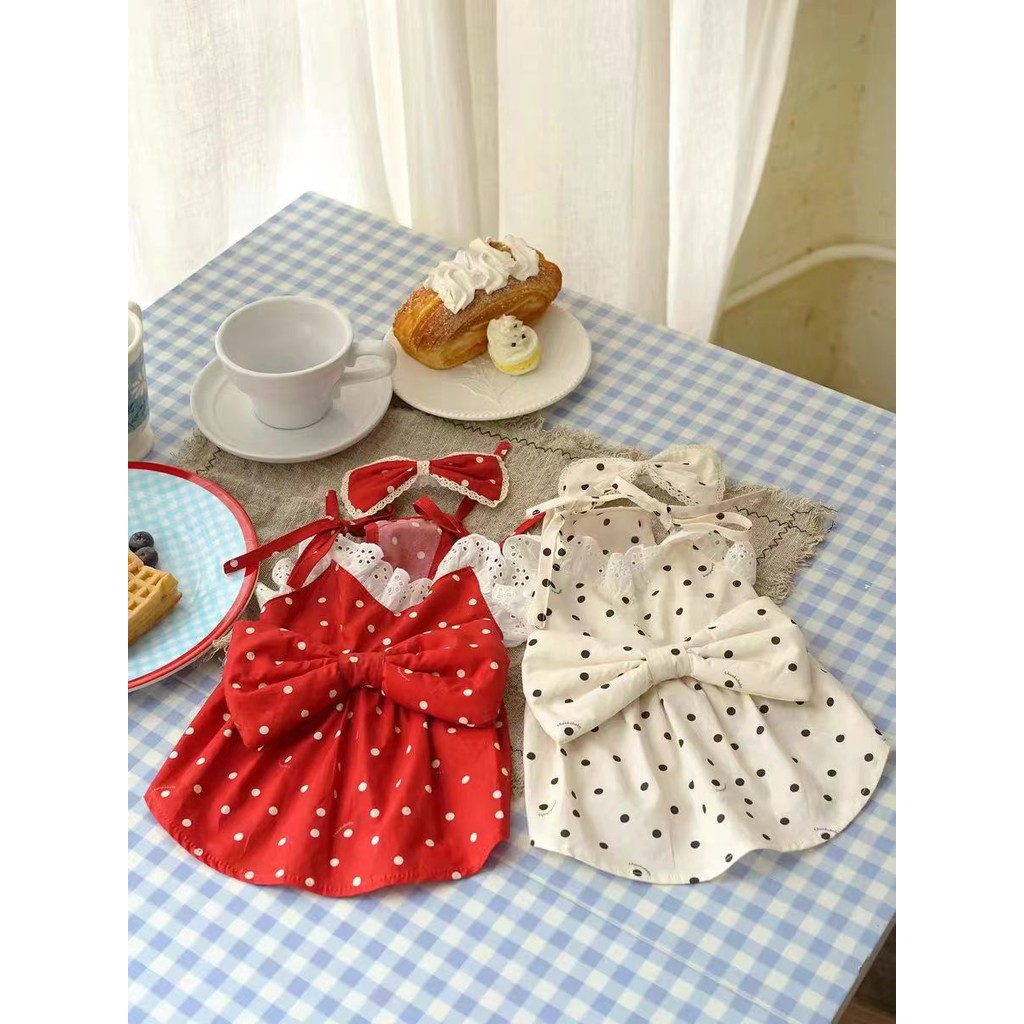 ✨สุนัข Retro Hepburn สไตล์ Polka Dot กระโปรงผ้าฝ้ายแท้ Bichon Maltese Yorkshire Schnauzer แมวเสื้อผ้าสัตว์เลี้ยง