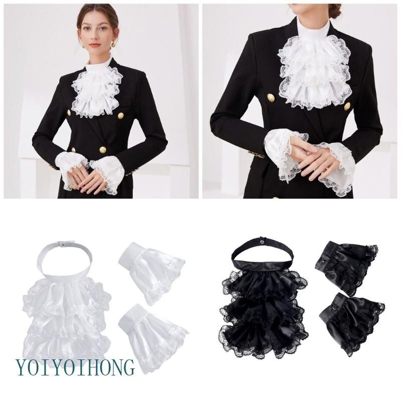 YOI เครื่องแต่งกายลูกไม้ tiered ruffled สำหรับคอข้อมือ ในสไตล์วิคตอเรีย โคลอนIAL และเรเนซองส์
