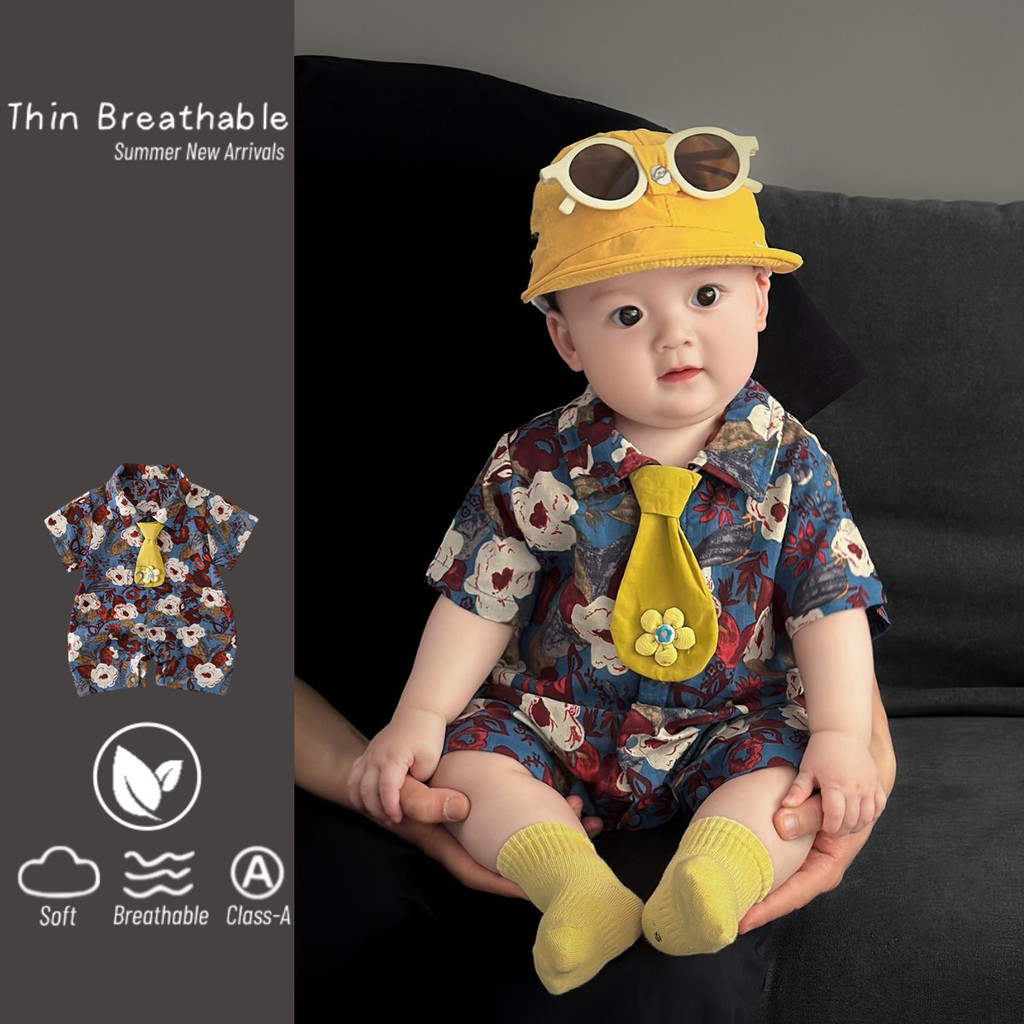 ชุดรอมเปอร์แขนสั้นสำหรับเด็กชายและหญิง อายุ 0-24 เดือน จากผ้าฝ้ายแท้ ระบายอากาศได้ดี มีพิมพ์ลายดอกไม้น่ารัก