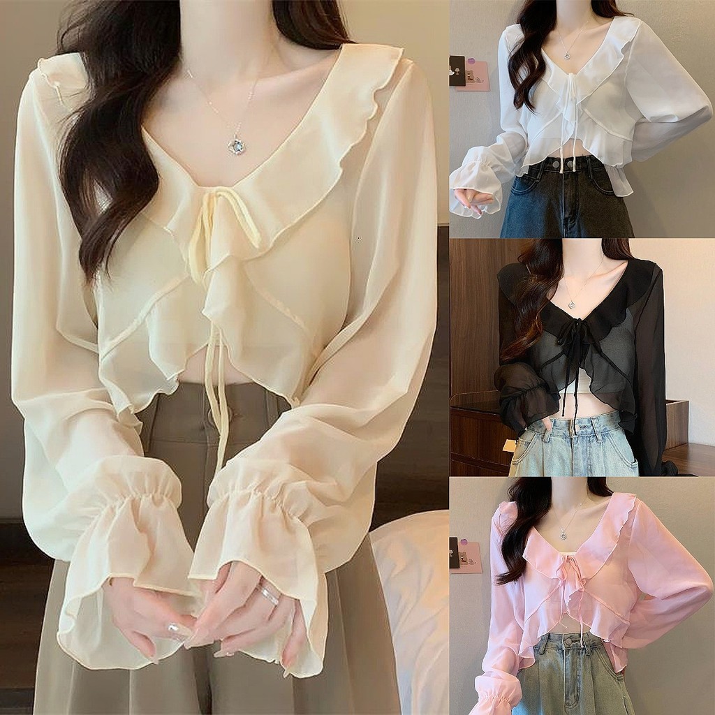 เสื้อคลุมแขนยาว งานผ้าชีฟองบาง ดีเทลผูกโบว์ด้านหน้า ชายแต่งระบาย ทรงสวย แมทซ์กับอะไรก็เข้า แฟชั่นยอดฮิต
