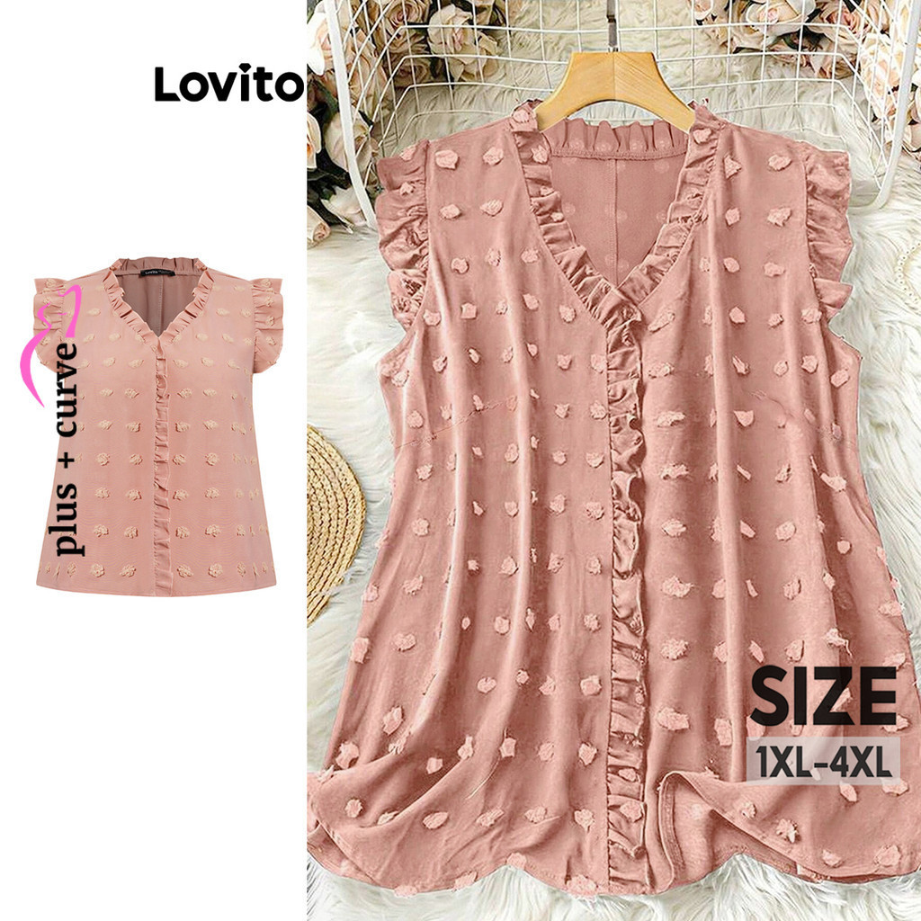 Lovito เสื้อเบลาส์สาวอวบ ทรงโค้งเว้า ผ้าแจ็คการ์ด ตกแต่งระบาย สไตล์ลำลอง LBL17299