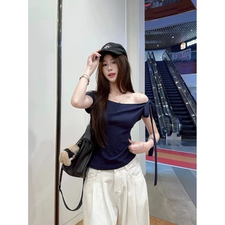 Nemo store🌸#Y9835 เสื้อไหมพรมแขนสั้น เปิดไหล่ สีพื้น ยืดพอดีใส่สบายสไตล์เกาหลี