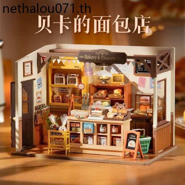Ruolai Beccas Bakery diy Handmade Hut โมเดลบ้านหลังเล็กร้านสร้างสรรค์ฉากมินิสามมิติหญิง