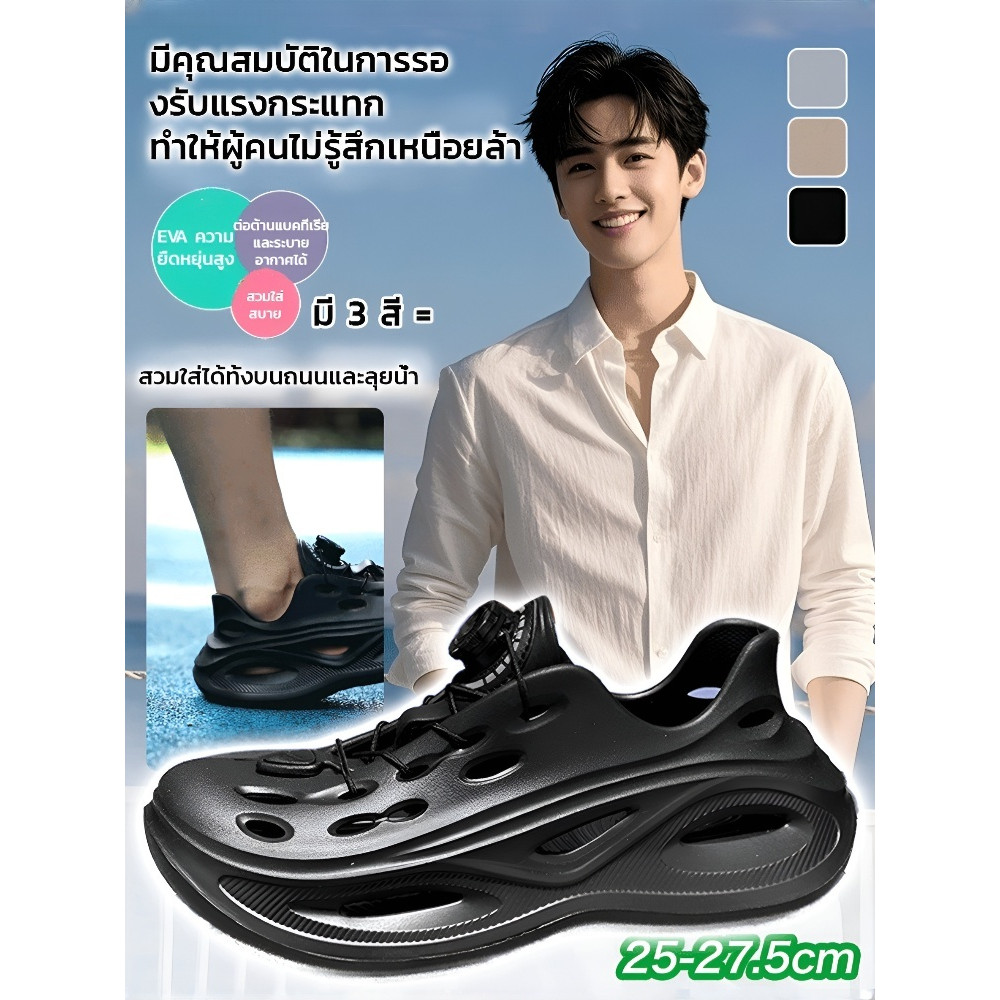 ส่งจากไทย รองเท้าฉลุลลายลำลองผู้ชายแบบมีปุ่มหมุนกันลื่นได้ รองเท้าแตะ รองเท้ายาง พื้นนุ่ม รองเท้าแตะผู้ชาย เบา นุ่ม รองเท้าแตะกีฬาเอาท์ดอร์ รองเท้า EVA กันลื่น