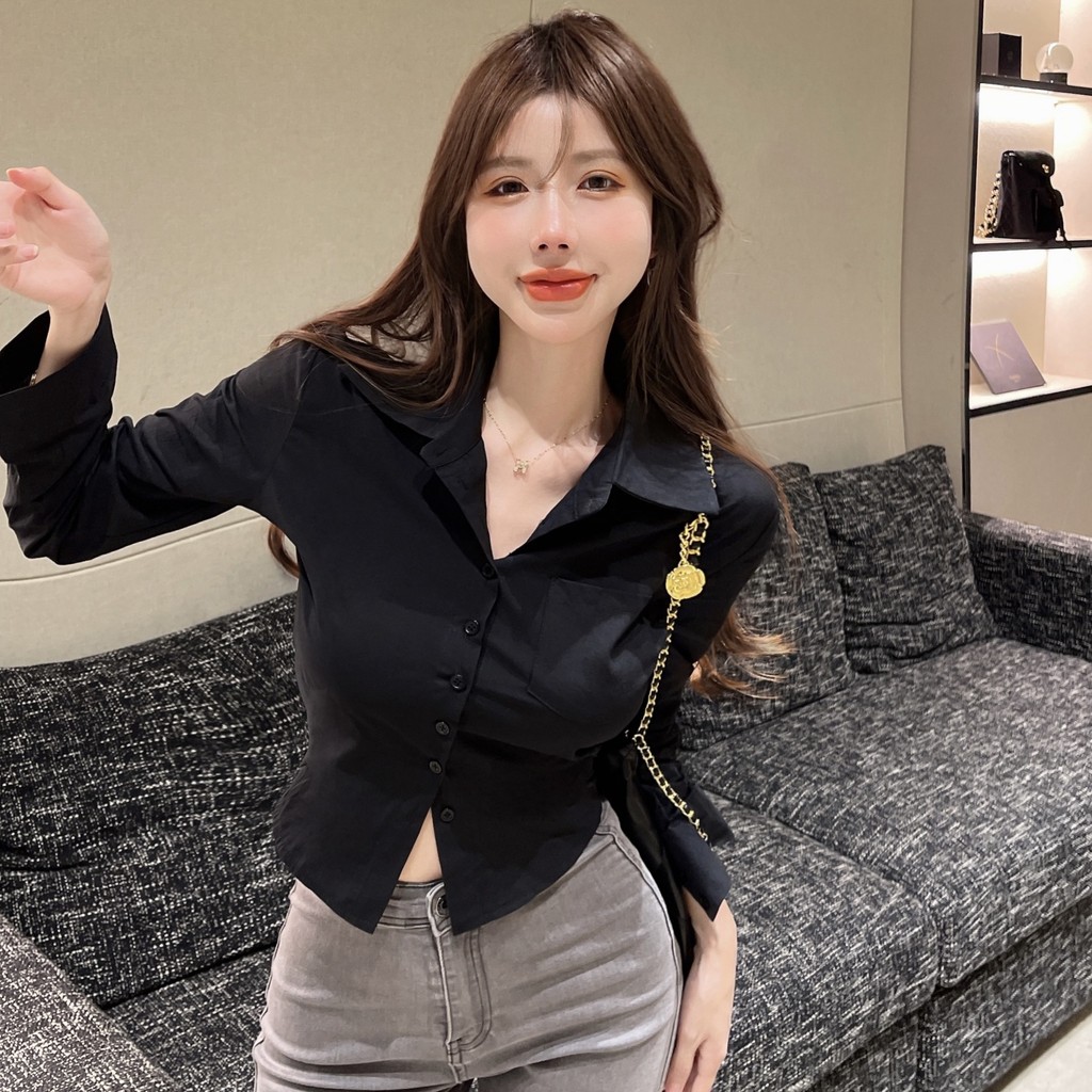 เสื้อเชิ้ตผู้หญิงคอปกโปโล ไซส์S-7XL สีดำ ขาว ฟ้า ทรงสวย น่ารัก  สไตล์เกาหลี สําหรับผู้หญิง - 3