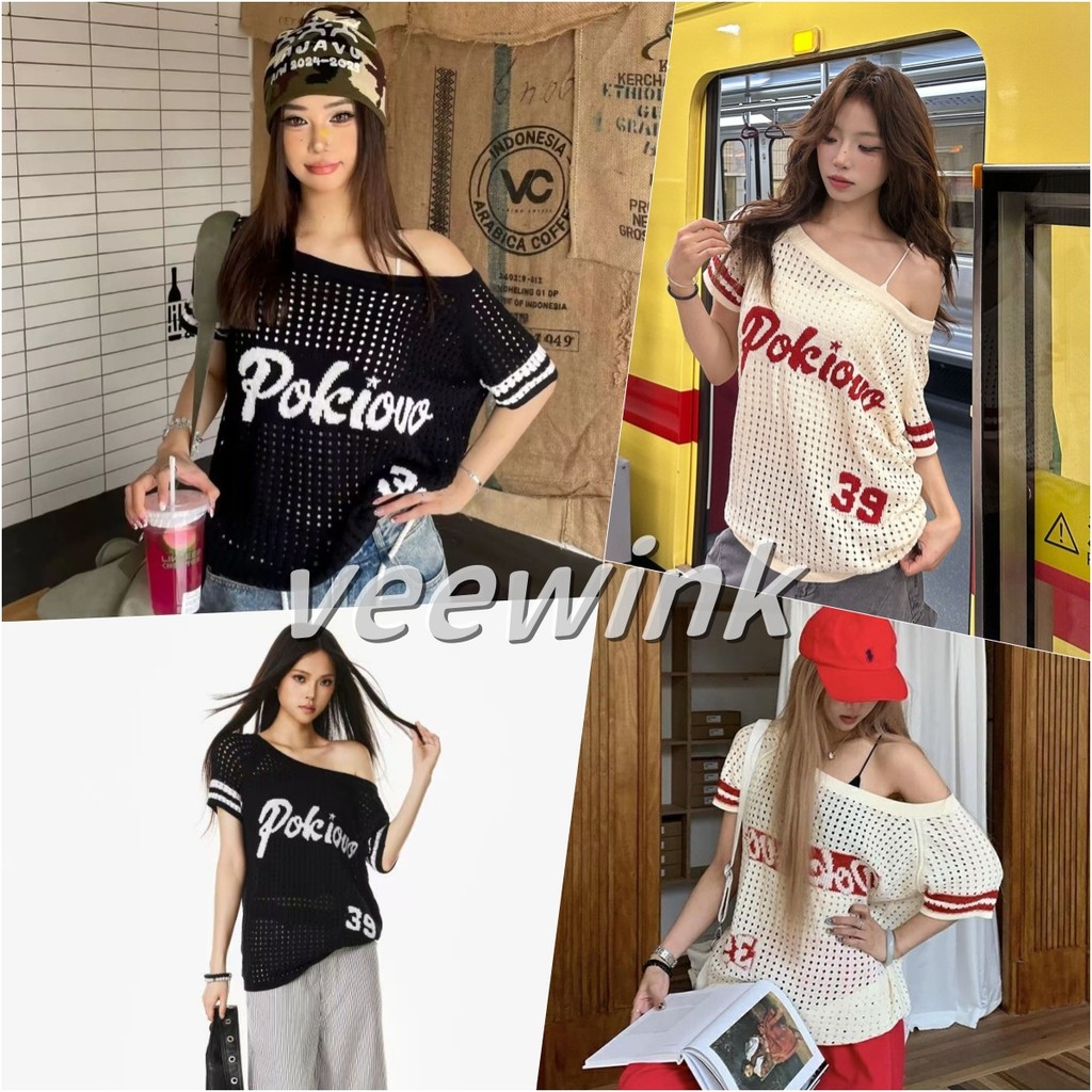 Veewink พร้อมส่งจากกทม เสื้อถักแขนสั้น เอวลอยแบบอเมริกัน ลายตัวอักษร เนื้อผ้าโปร่ง สไตล์สตรีทแฟชั่น ส่งฟรี+ของแถม