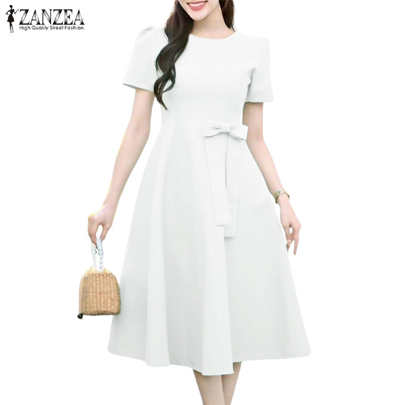 ZANZEA ชุดเดรสแขนพัฟคอกลมสไตล์เกาหลีสำหรับผู้หญิง กะบุBowknot ดีไซน์รวมเอวแบบA-Line — صورة 7