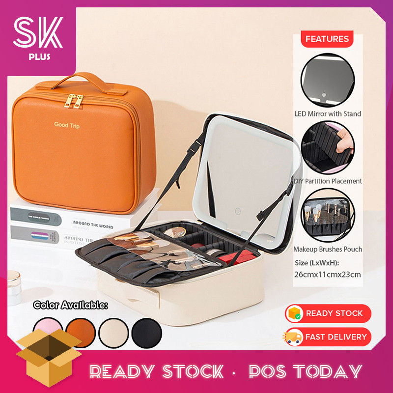 SKplus มัลติฟังก์ชั่แต่งหน้ากระเป๋าเครื่องสําอางกระจก LED แบบพกพามือถือขนาดใหญ่กระเป๋ามืออาชีพ Beg K