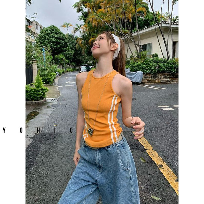 เสื้อกล้ามลายทางรูปตัว I สีส้มแขนกุด สำหรับผู้หญิงในหน้าร้อน