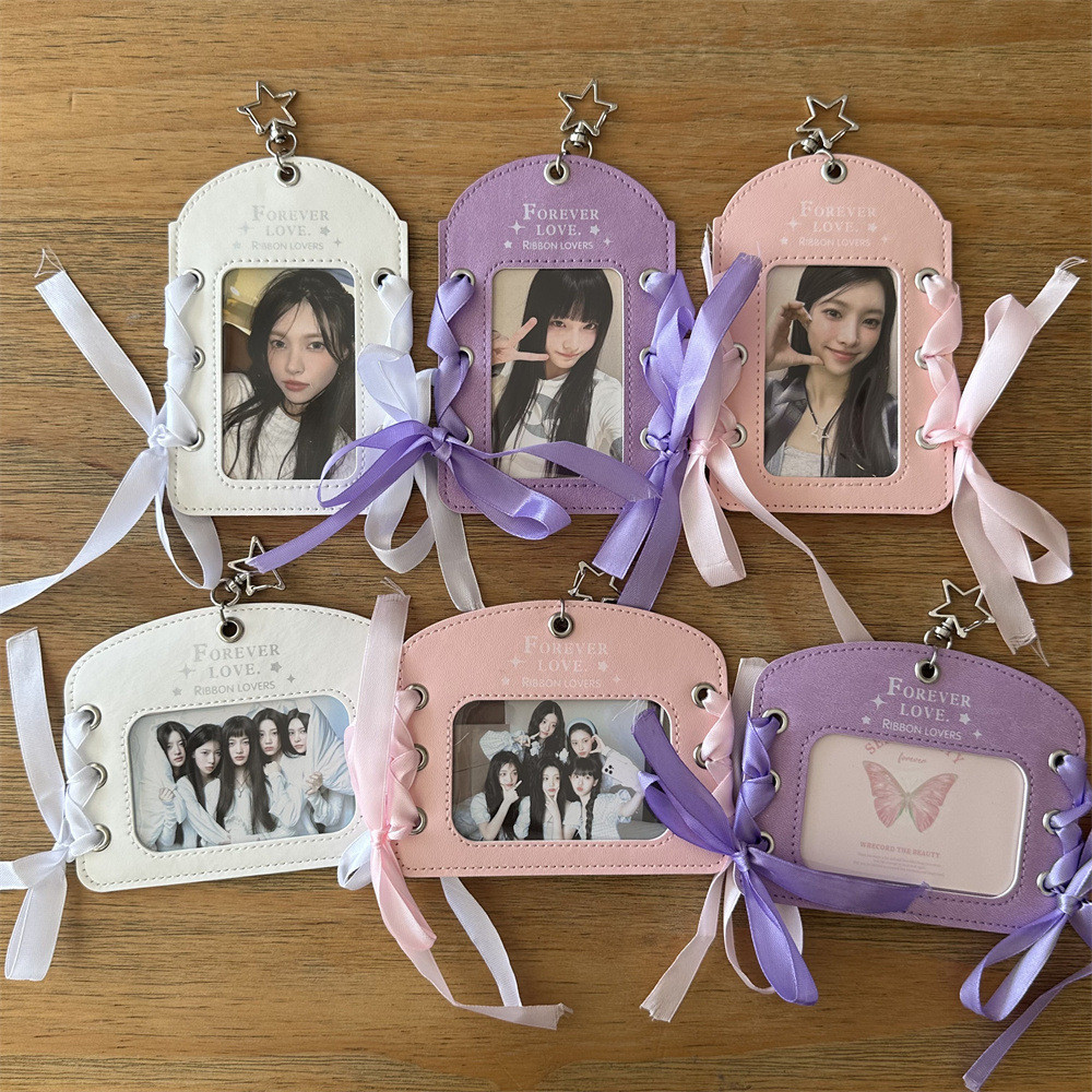 Ball Lace Belt Color Leather Card Holder 10cm Polaroid Photo Star Chasing Photocard ID Meal Card Campus Card Storage