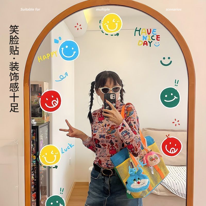 การ์ตูน happy Smiley รูปแบบสติกเกอร์ Cafe ร้านเสื้อผ้ากระจกตกแต่งสติกเกอร์ประตู pvc Self-Adhesive สติกเกอร์ตกแต่งห้องน้ํา
