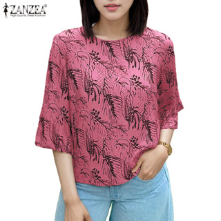 ZANZEA เสื้อเบลาส์พริ้นต์แขนกลมสำหรับผู้หญิงสไตล์เกาหลี
