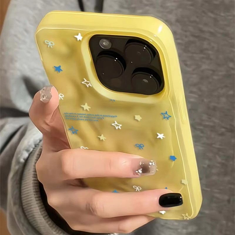 เกาหลี Simple Stars การ์ตูนเคสโทรศัพท์สําหรับ iPhone 16 17 Pro Max 11 12 13 14 15 Pro 16 Plus สีเหลืองซิลิโคนกันกระแทกนุ่ม