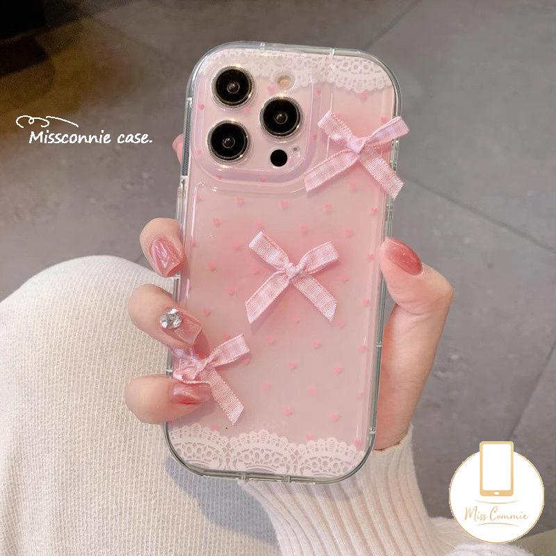 น่ารักหวานการ์ตูน 3D Bows จุดสีชมพู Loving Heart Soft Tpu สําหรับ IPhone 13 11 16 15 12 14 Pro Max XR X 7Plus XS Max 7 15 8 14 16 Plus SE 2020 โปร่งใสนุ่มกรณี