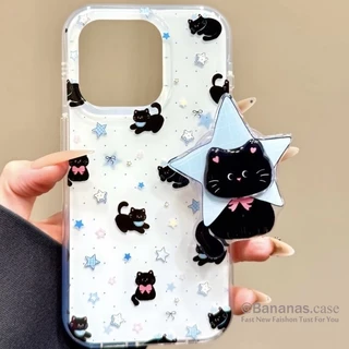 เข้ากันได้กับ iPhone 17 16 15 14 13 12 11 Pro Max เคสโทรศัพท์น่ารักแมวดํา + ขาตั้ง + Lanyard Soft ฝาหลัง