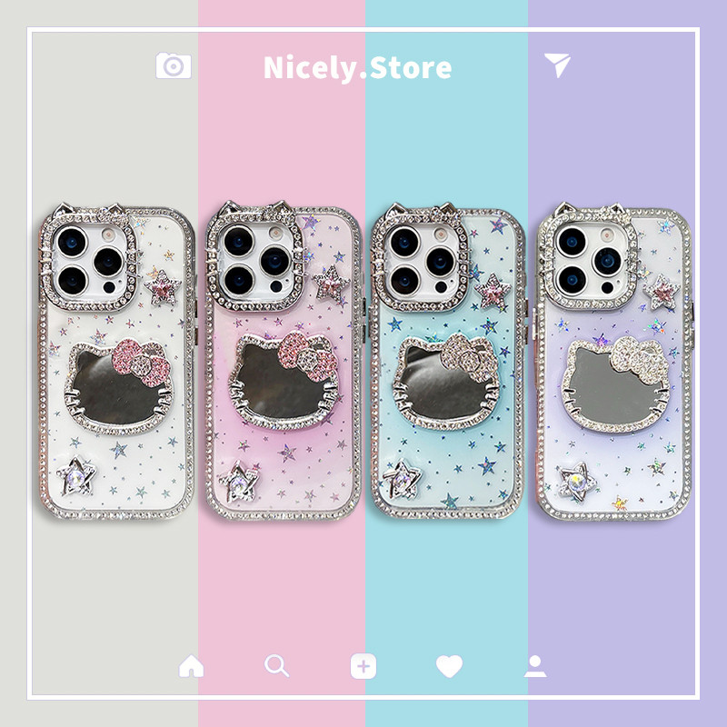 บลิง บลิง บลิง เพชร สวัสดี คิตตี้ ดาวกระจกกรณีโทรศัพท์เข้ากันได้สําหรับ ไอโฟน 16 15 14พลัส13 12 11 มือโปร สูงสุด 11ฮาร์ดอะคริลิลดลงทนเปลือกโ