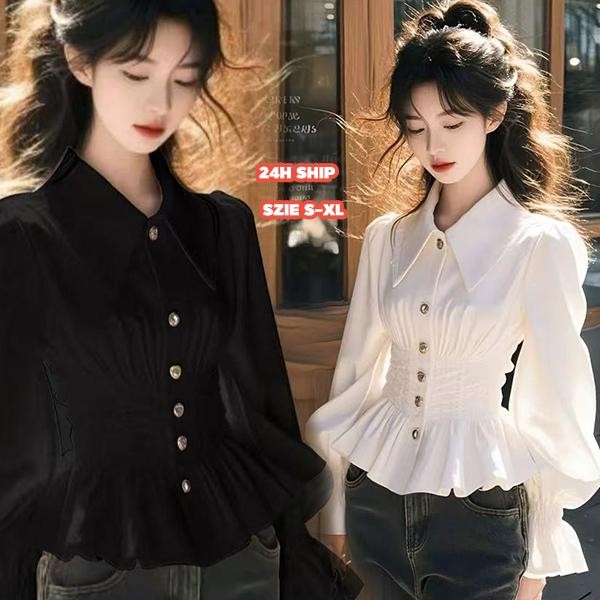 mimi&didi#เสื้อเชิ้ตแขนยาวสีขาวรัดเอวคอปกแขนยาวสีขาว อ่อนโยนและสง่างาม เสื้อเชิ้ตไม่ซ้ำใคร สำหรับผู้หญิง#รุ่น99146