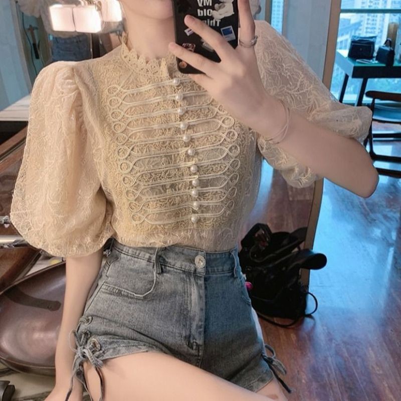 ส่งไวจากไทย⭐Summer⭐S-3XL  เสื้อชีฟองลูกไม้แขนสั้นเสื้อยืดสั้นด้านบนผ้าฝ้ายบวกขนาดฤดูร้อนเกาหลีสุภาพสตรีสวยหลวม
