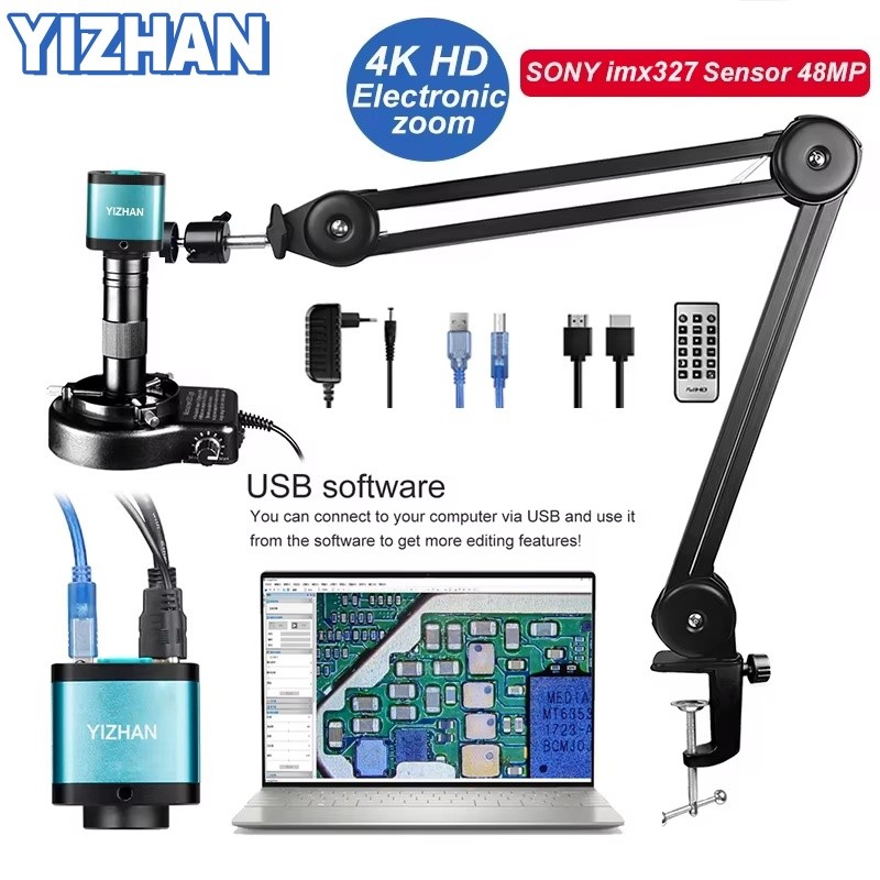YIZHAN HD 4K SONY IMX327 กล้องกล้องจุลทรรศน์อิเล็กทรอนิกส์เซนเซอร์,เอาต์พุต HDMI USB,ซอฟต์แวร์,เลนส์เมาท์ C 1-150X,ระยะทางการทํางาน 100 ซม.