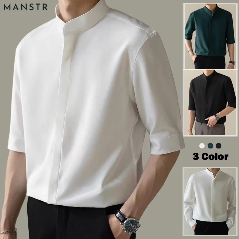 MANSTR ใหม่ เสื้อเชิ้ตแขนห้าส่วน 3 4 ผ้าเรยอน สีขาว ดํา เขียว สไตล์เกาหลี เหมาะกับฤดูร้อน สําหรับผู้ชาย