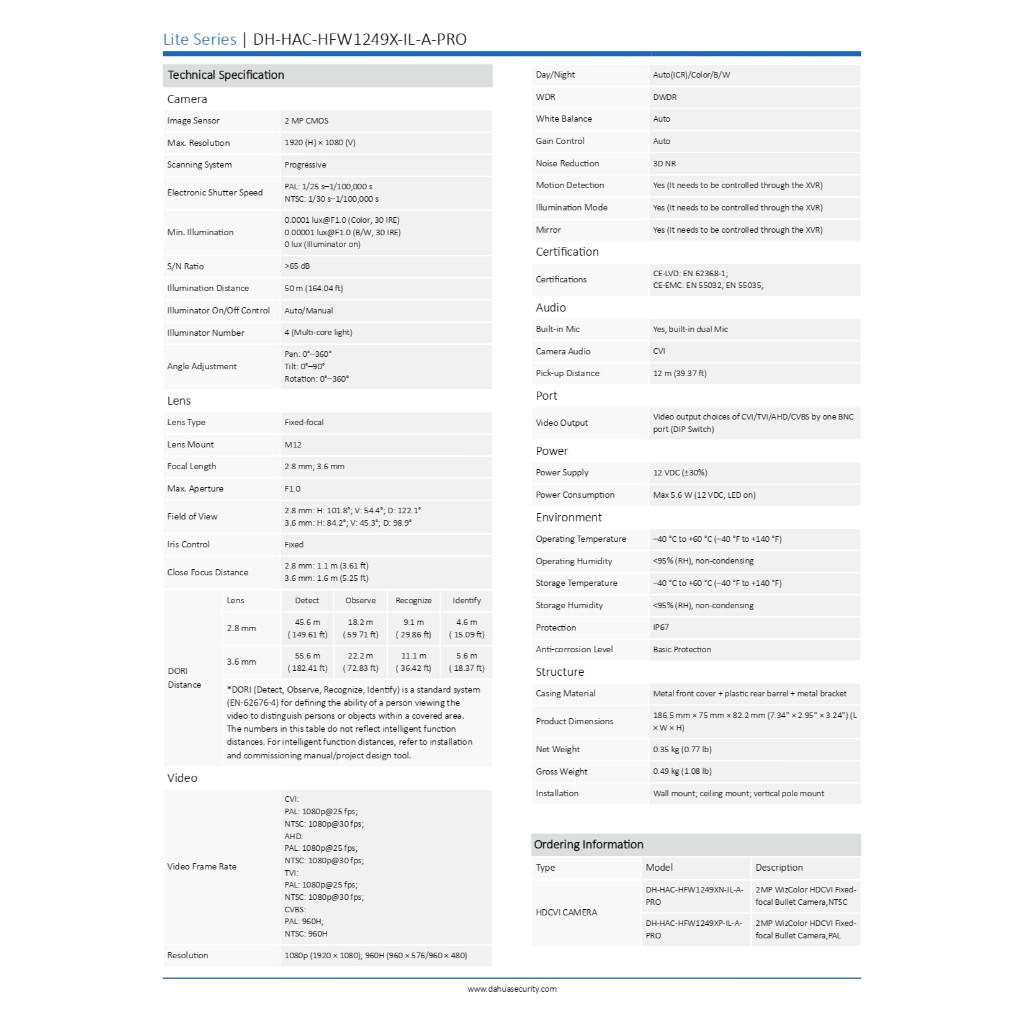 DAHUA กล้องวงจรปิด 2MP WizColor HDCVI ภาพสี24ชม. มีไมค์ในตัว รุ่น HAC-HFW1249XP-IL-A-PRO 3.6mm - รูปที่ 2