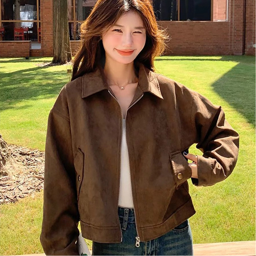 เสื้อแจ็คเก็ตกำมะหยี่ deerskin สำหรับฤดูใบไม้ผลิและฤดูใบไม้ร่วง ดีไซน์ปกคู่หลวม