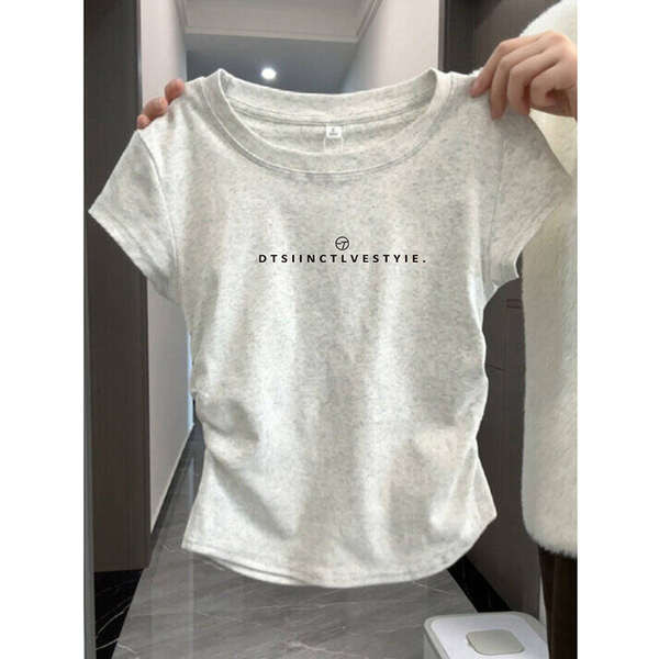 กางเกงขาบานสไตล์ฝรั่งเศส vynn official เสื้อยืดแขนสั้นสีเทาเสื้อผ้าผู้หญิงฤดูร้อนปี2025เสื้อยืดแขนสั