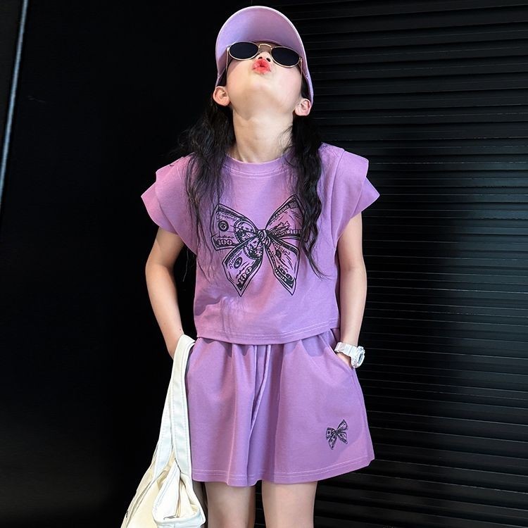 สาวฤดูร้อนชุดเด็กเสื้อแขนสั้นกางเกงขาสั้นชุดกีฬาสองชิ้น