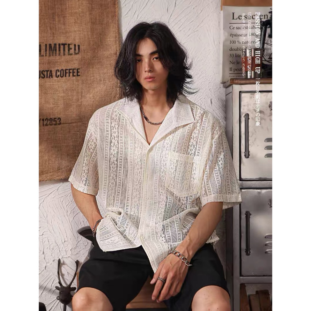 ฤดูร้อนบาง Retro Breathable Hollow Lace Cuban Collar เสื้อลําลอง All-Match Unisex เสื้อแขนสั้น