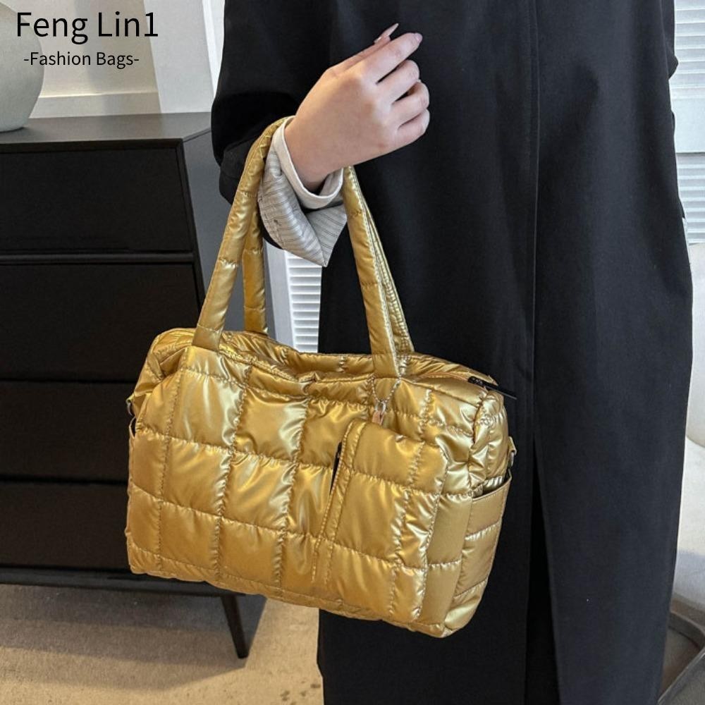 กระเป๋าสะพายไหล่ FENGLING, Down Cotton Cushion Solid Underarm Bag, ขายร้อน Quilted Puffy อินเทรนด์ Totes Bag Lady