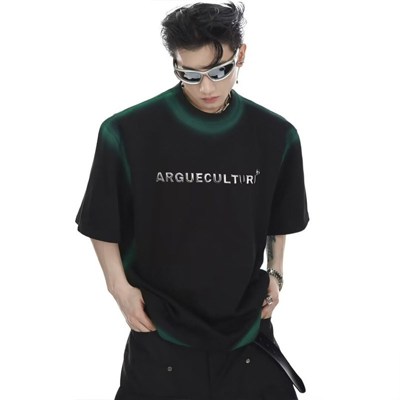 ผู้ชายอเมริกันย้อนยุคไล่โทนสีผูกย้อมคอเล็กแขนสั้นผู้หญิงอินเทรนด์หลวมอเนกประสงค์ลําลองครึ่งแขน
