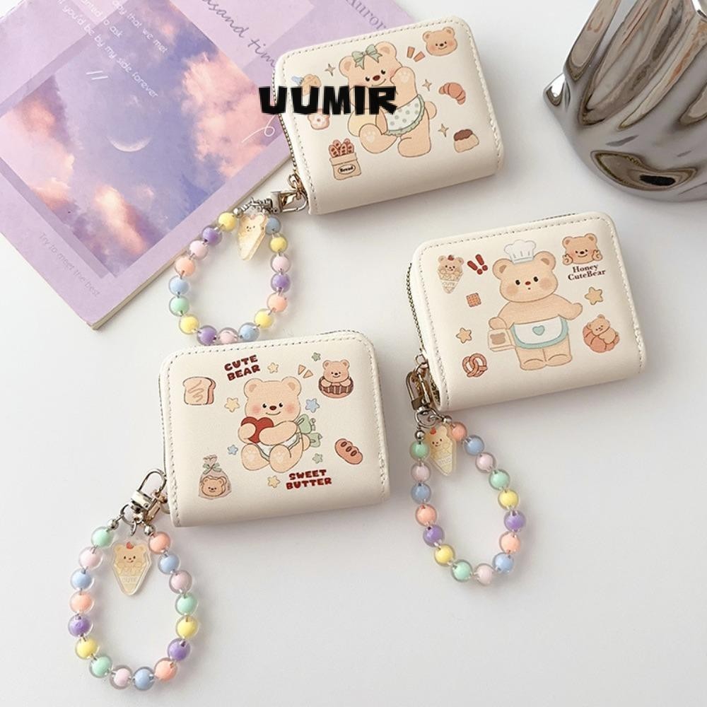 UUMIR กระเป๋าสตางค์หมีเนยพร้อมจี้มุกกระเป๋าบัตรขนาดเล็กกระเป๋าใส่เหรียญการ์ตูนเด็ก