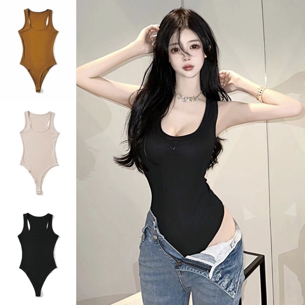 ราคาถูกที่สุด บอดี้สูทผ้าร่องยืดเข้ารูป ทรงเสื้อกล้ามคอลึก 4 สี เป้ากระดุมแป๊ก