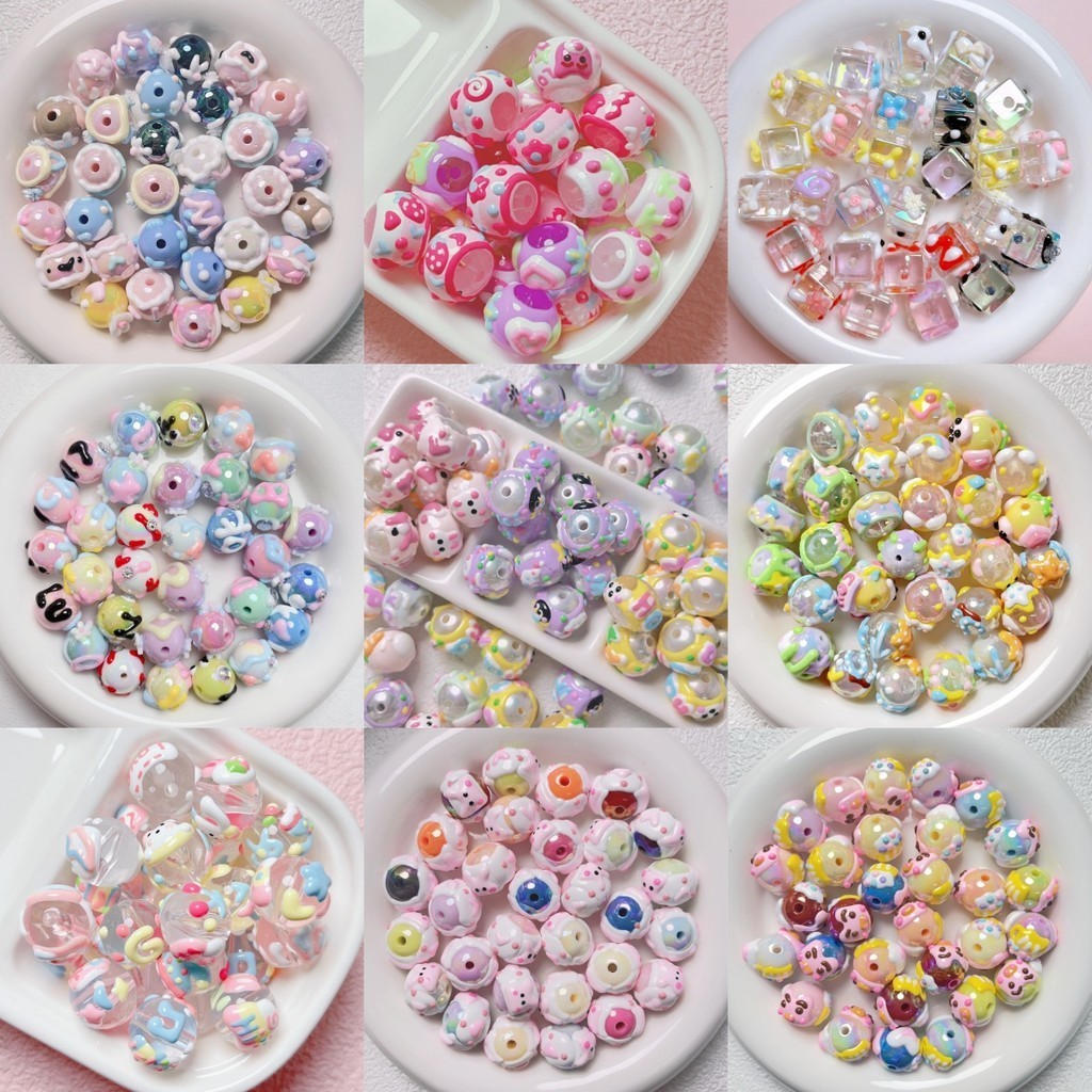 5ชิ้น/เซ็ตเต็มวงกลมครีมดอกไม้มือวาดลูกปัดแฮนด์เมดทําเองลูกปัดโซ่โทรศัพท์มือถือกระจัดกระจายลูกปัดอุปกรณ์เครื่อ
