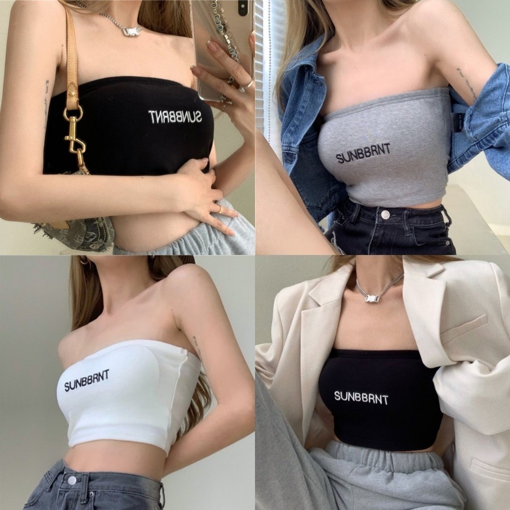 Evelyn เสื้อเกาะอก มีฟองน้ำ ปาดไหล่ ผ้ายืดร่อง ครอปผู้หญิง สลิม เกาะอก ราคาถูกที่สุด #FY4832