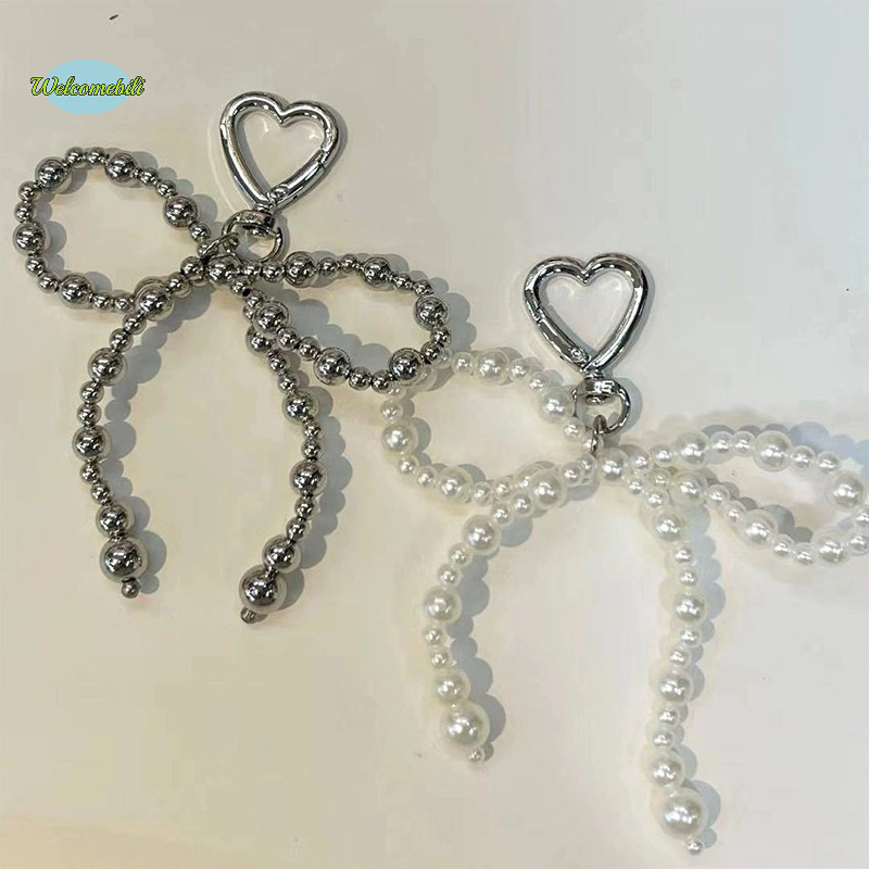 [Welcomebili] Insสไตล์bowknotลูกปัดโทรศัพท์จี้รักหัวเข็มขัดkey Chain Silver HeartหูฟังกรณีCharmกระเป๋าDecorแหวนกุญแจรถใหม่