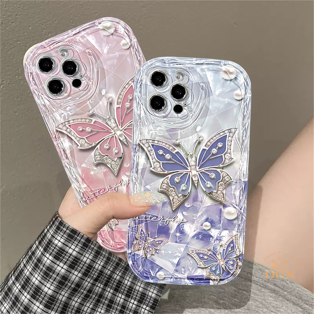 สีฟ้าและทองผีเสื้อสําหรับiphone 15 Pro Max iPhone 11 12 14 13 Pro Max XR 7Plus X XS Max 6s 7 8 6 Plus SE 2020 3D Soft Wave Edge TPUเคสโทรศัพท์DGX