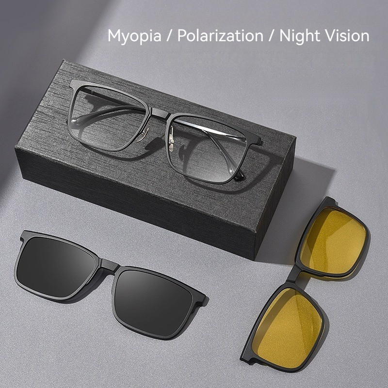 3 in 1 Ultra Light Optical กรอบแว่นตาพลาสติกเหล็กไทเทเนียมแว่นตาแม่เหล็กผู้ชายผู้หญิง Square แว่นตาโพลาไรซ์ B5088M