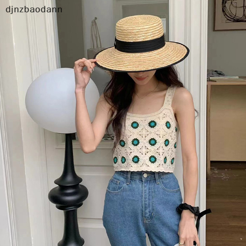 [DJNZ] โครเชต์สแควร์เย็บปักถักร้อยด้านบนเปิดถัก Crop Cami Tops ผู้หญิง Teengirl ฤดูร้อน Boho วันหยุดชายหาดชุด NGSS