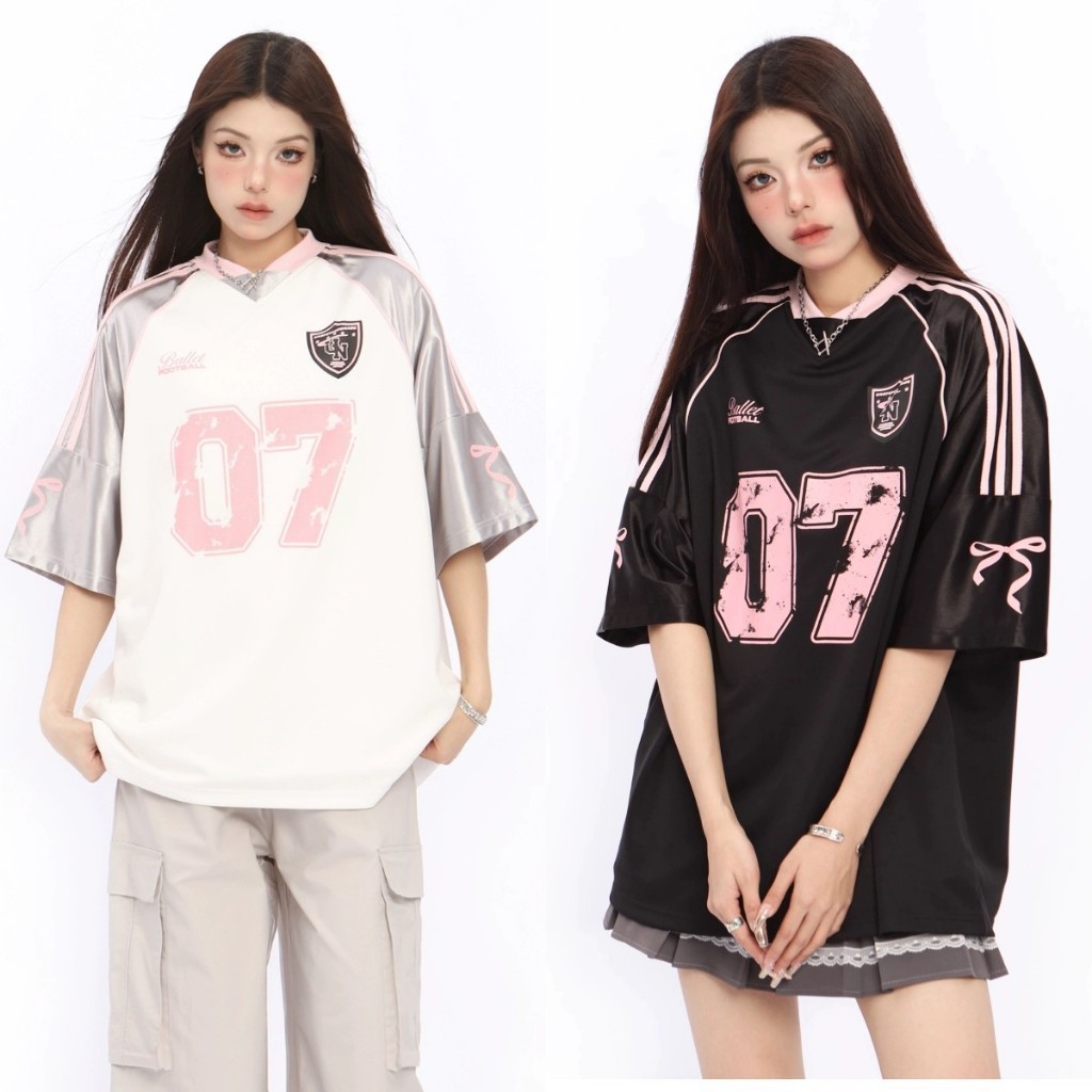 ใหม่หลวมอินเทรนด์เสื้อยืดฟุตบอลขนาดใหญ่ขนาด 7 ผูกโบว์ ไม่จํากัดเพศ เสื้อยืดกีฬาหลวม