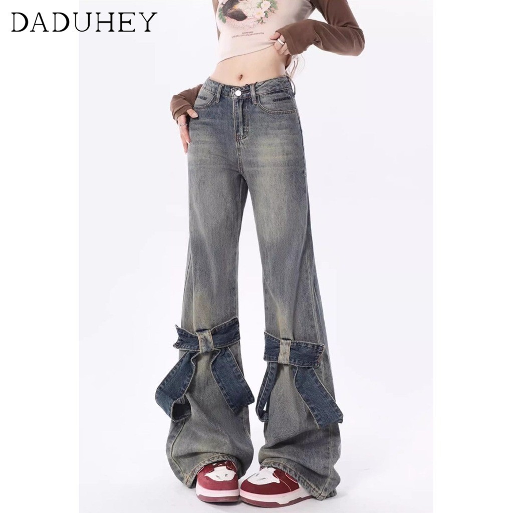 DaDuHey Women's 2024 New Hot Girl Bow Loose Wide Leg Leisure Bell-Bottom Pants American Retro and Fashion All-Matching Skinny Jeans