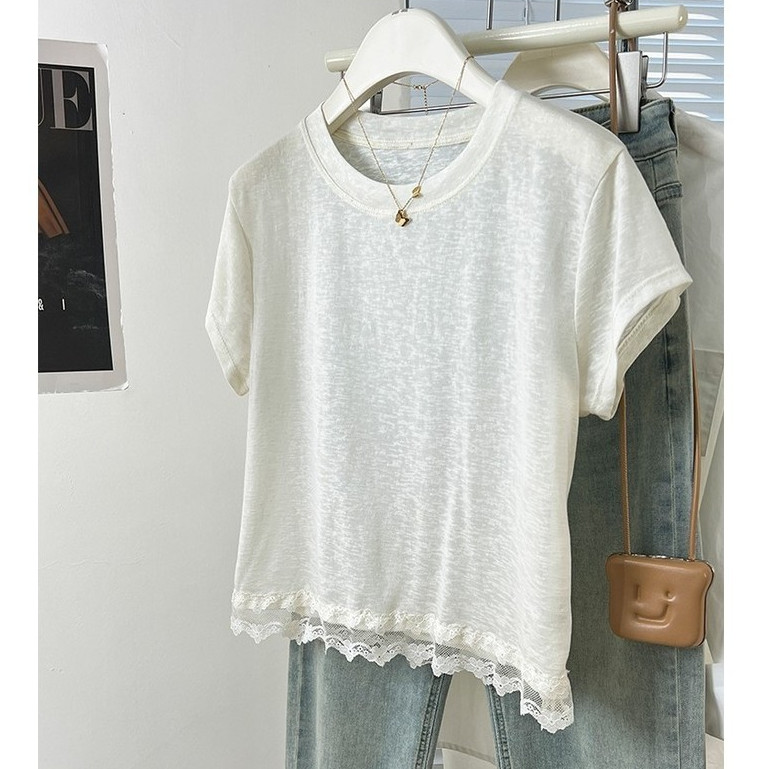 76728 เสื้อยืดแขนสั้นไหล่หน้าลูกไม้เย็บ