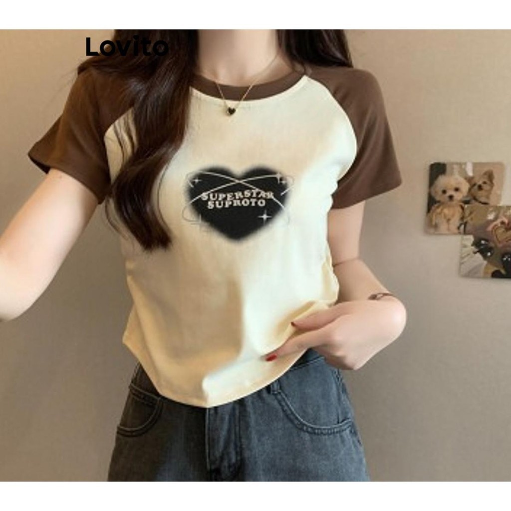 Lovito เสื้อยืดผู้หญิง มีลาย คัลเลอร์บล็อก สีพื้น สไตล์ลำลอง LNE61189