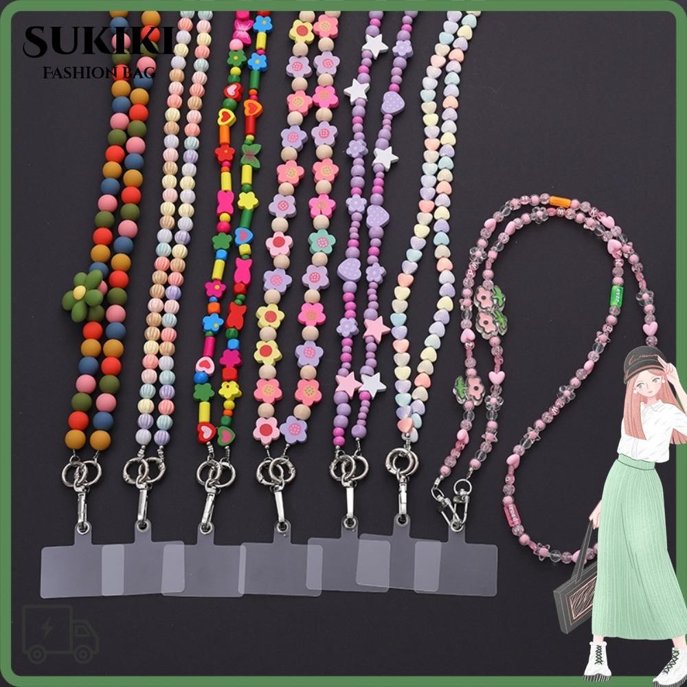 เชือกโทรศัพท์ลูกปัด ซูกิกิ เชือกป้องกันการสูญหายที่มีสีสัน 120 ซม. พวงกุญแจแฟชั่นคอแขวนสายไฟอุปกรณ์เสริมโทรศัพท์