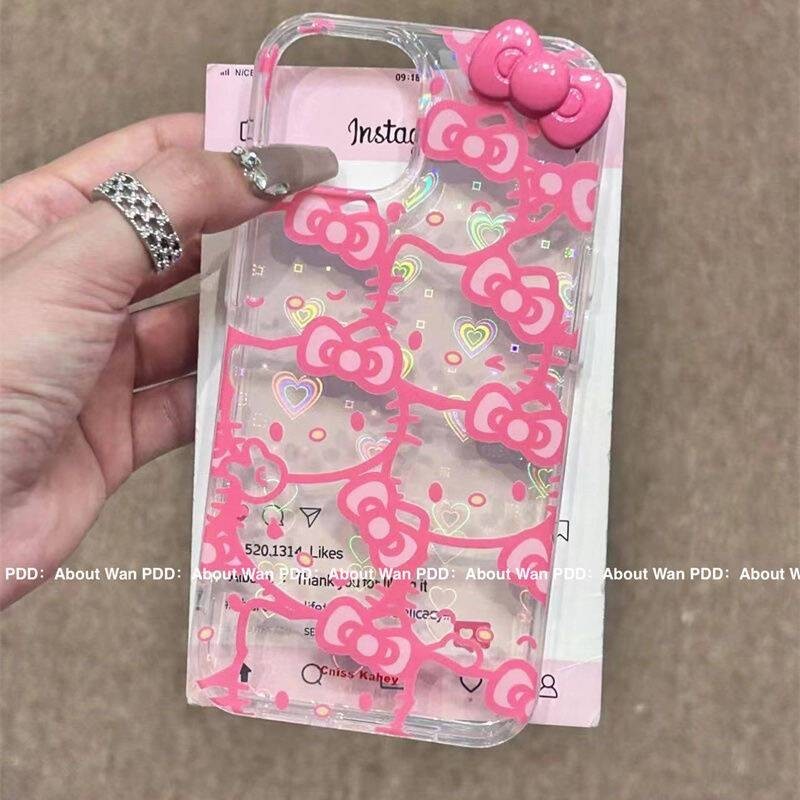 สําหรับ 7/8 เคสไอโฟน น่ารักเต็มหน้าจอสีชมพู Hello Kitty 15/13ProMAX 12/11 รูขนาดใหญ่โปร่งใสทนต่อการตก iPhone14 เคสนิ่ม xr/xs ทาสี