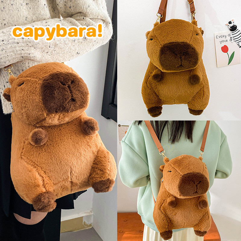 กระเป๋าเป้สะพายหลัง กระเป๋าสะพายคู่การ์ตูนน่ารัก capybara ผ้ากํามะหยี่ขนนิ่ม สําหรับผู้หญิง เหมาะกับของขวัญ