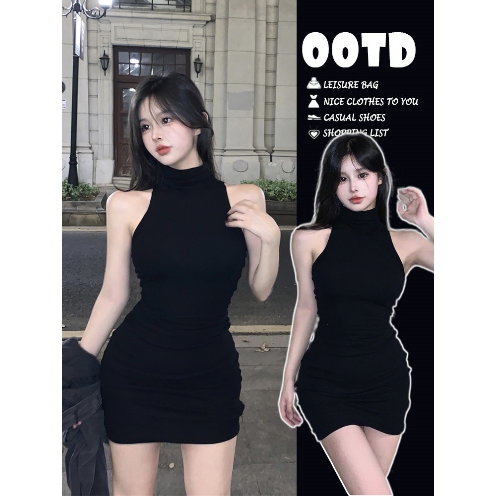ชุดเดรสแขนกุดคอสูงสไตล์สาวฮอตสำหรับผู้หญิงกระโปรงสั้นใส่ช่วงเอวใส่แล้วดูผอมเรียบหรูเซ็กซี่