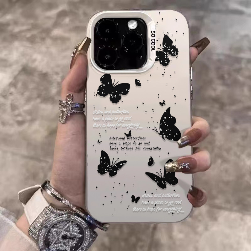 จัดส่งทันที เคสไอโฟน11 12 13 14 15 16 Pro Max กันกระแทก เรียบง่าย black butterfly Case For iPhone 11,12,1314,15,16PM