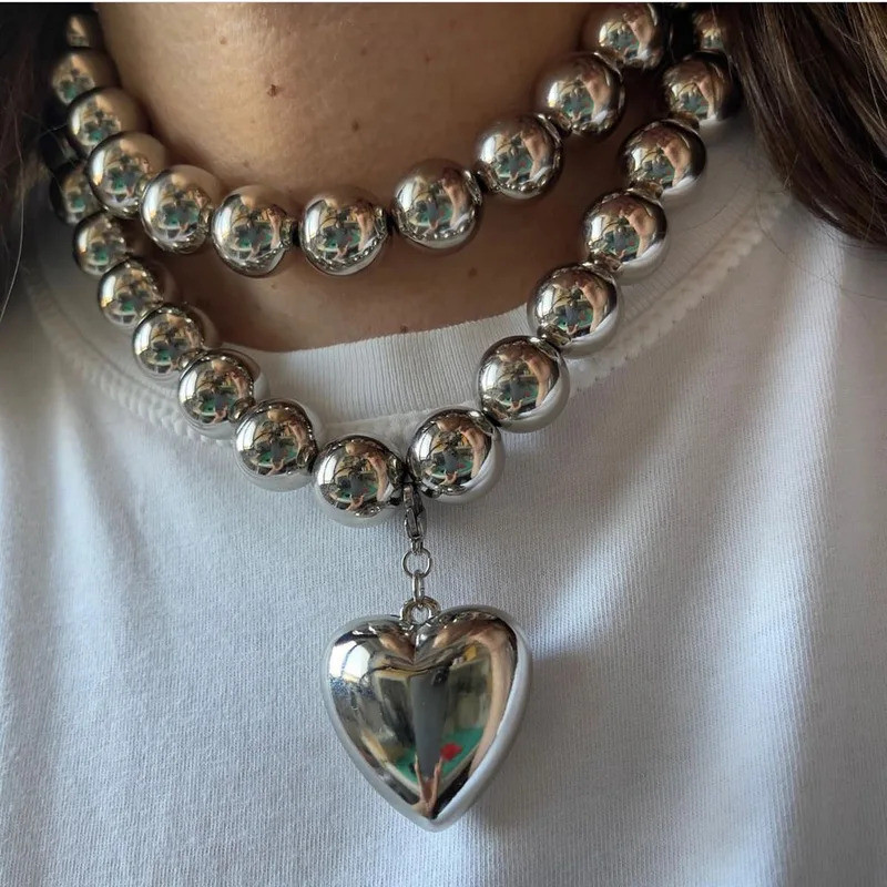Big Ball Beaded Chain สร้อยคอจี้หัวใจสําหรับผู้หญิงอินเทรนด์ Choker ปลอกคอคออุปกรณ์เสริมแฟชั่นเครื่องประดับ
